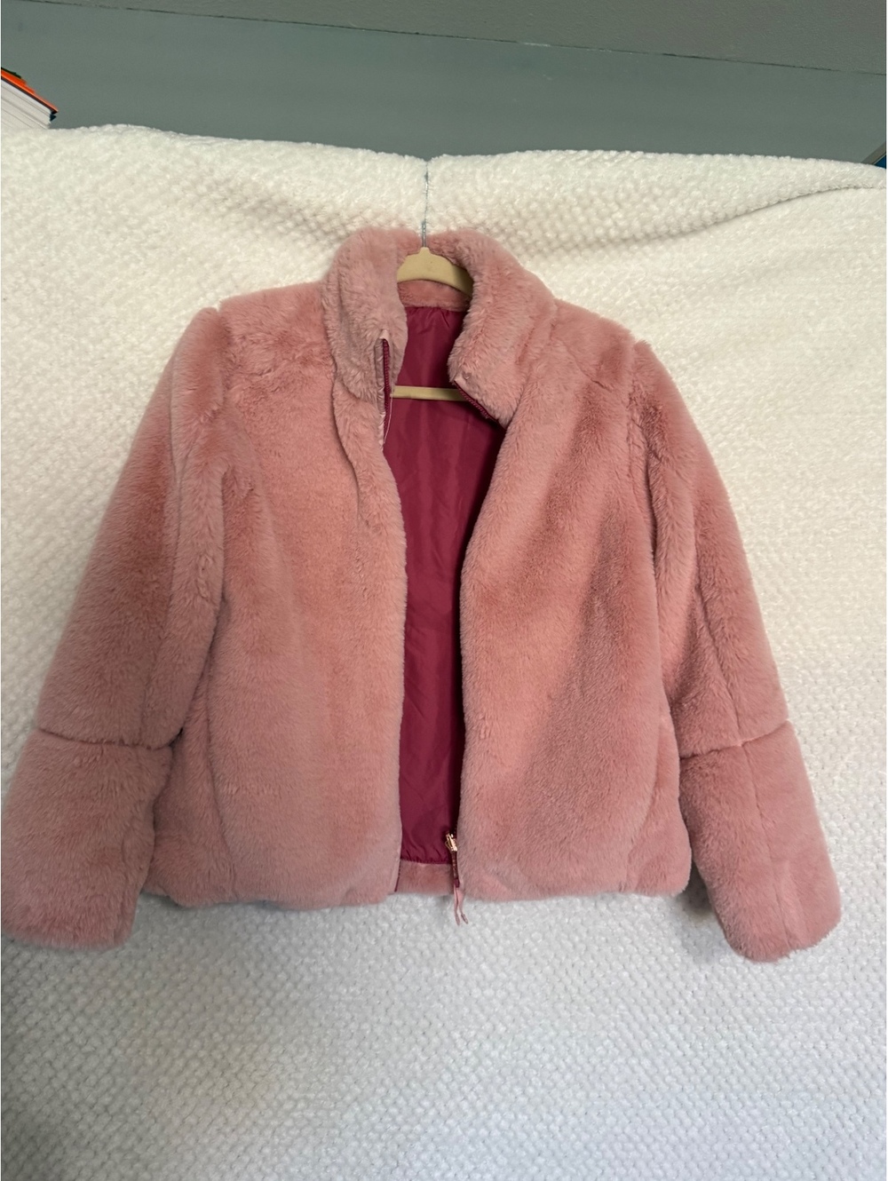 Pink Faux Fur Jacket with Stand Collar